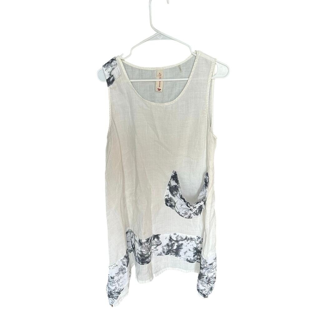 Firmiana Linen Sleeveless Tunic Dress – Abstract Black & White, Size S